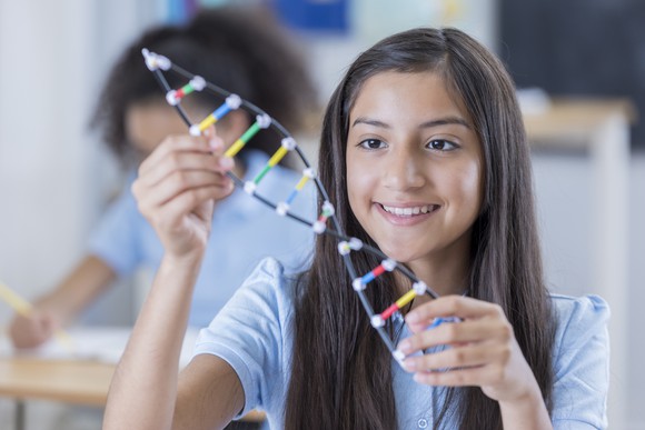 A student girl holding a model DNA strand.