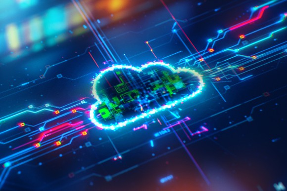 An illustration of a digital cloud on a circuit board.
