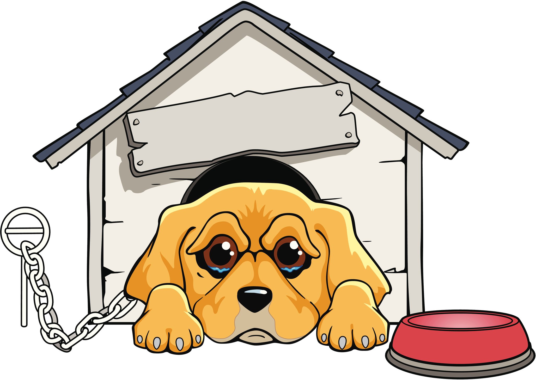 Sad cartoon dog in a doghouse