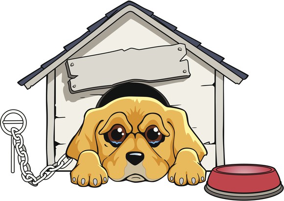 Sad cartoon dog in a doghouse