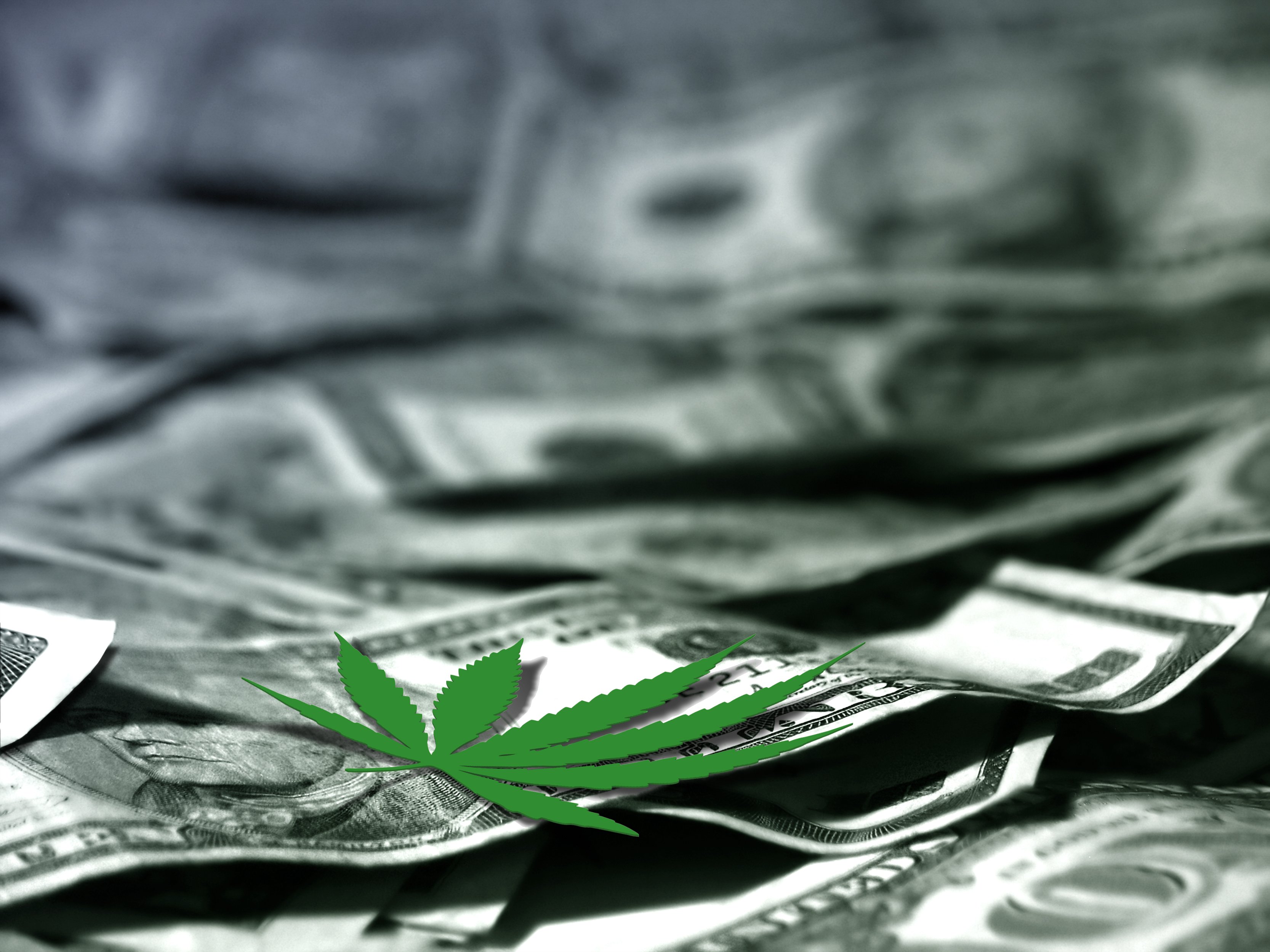A cannabis leaf lying on American dollar bills.