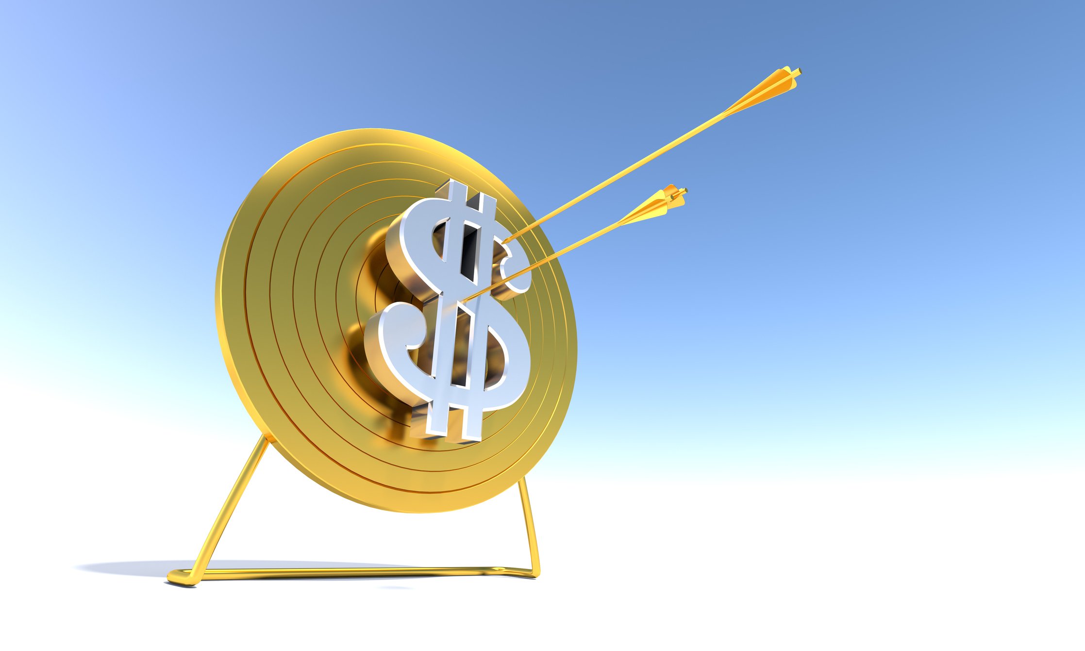 Two arrows on a golden target with a large dollar sign on it.