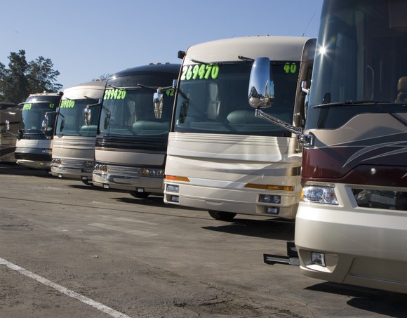RVs parked in a row at a dealership.