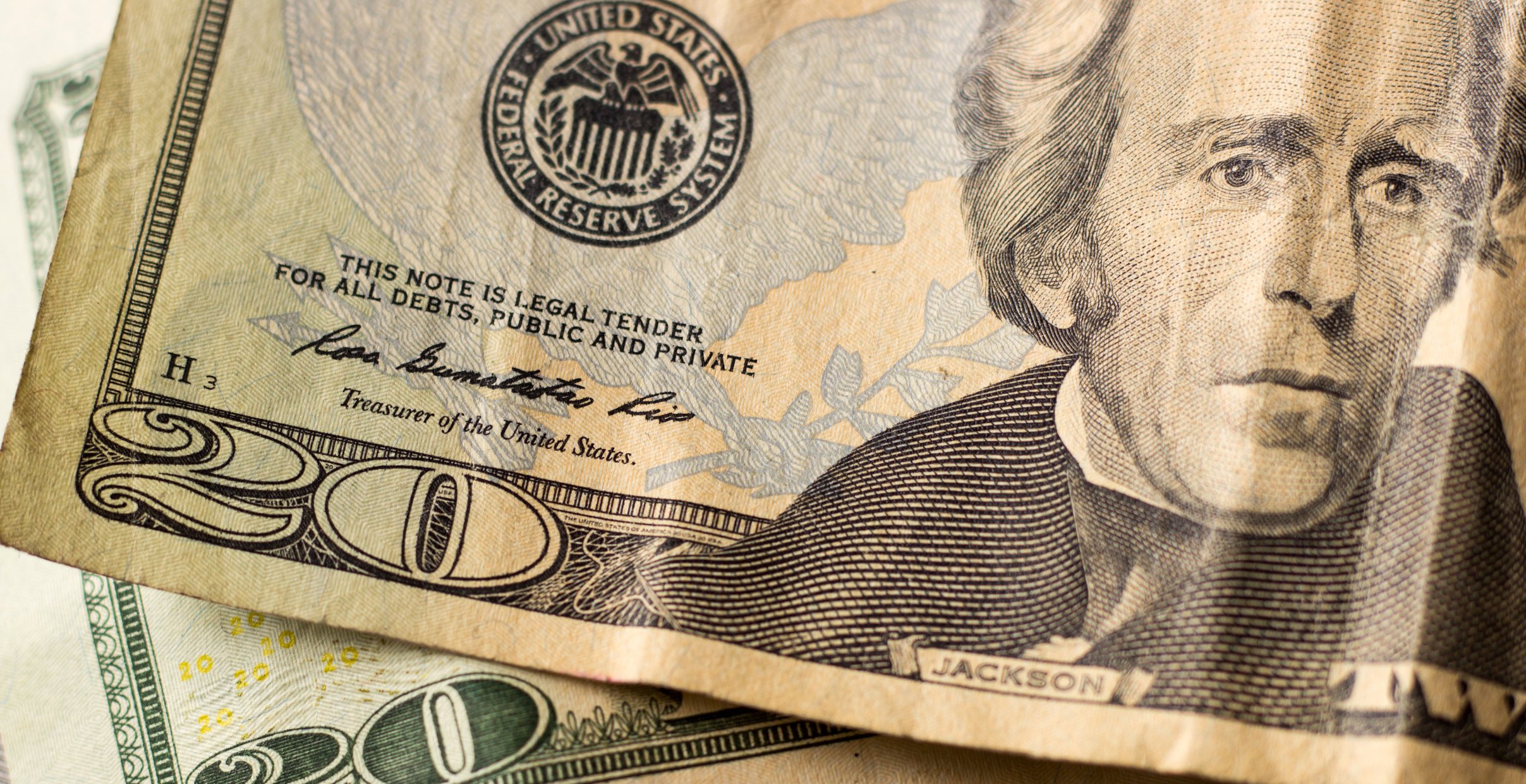 Close-up photo of a couple of twenty-dollar bills.