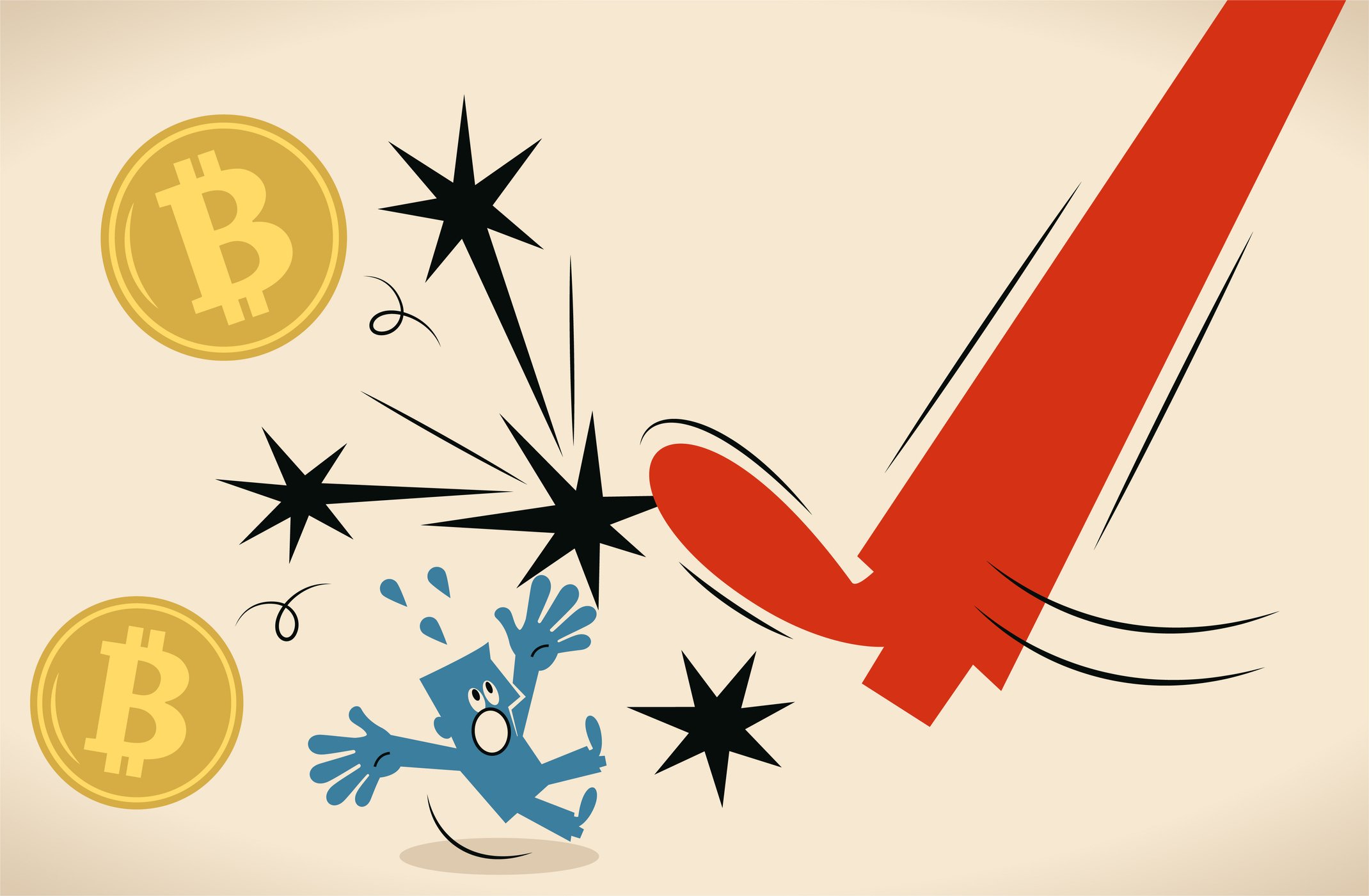 Animated leg kicking away bitcoins and a cryptocurrency fan.