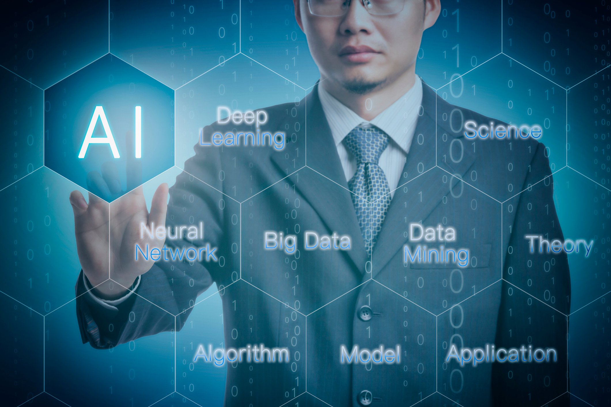 A person with floating words like "AI", "Deep Learning", and "Algorithm".