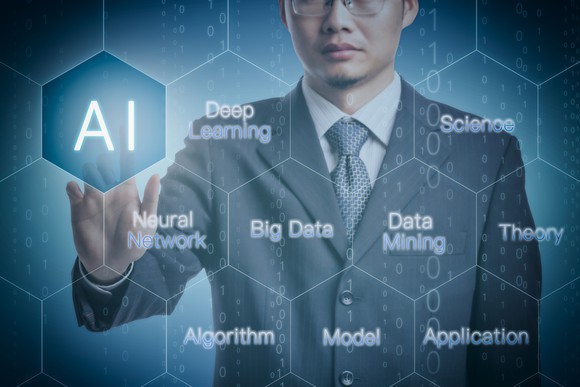 A person with floating words like "AI", "Deep Learning", and "Algorithm".