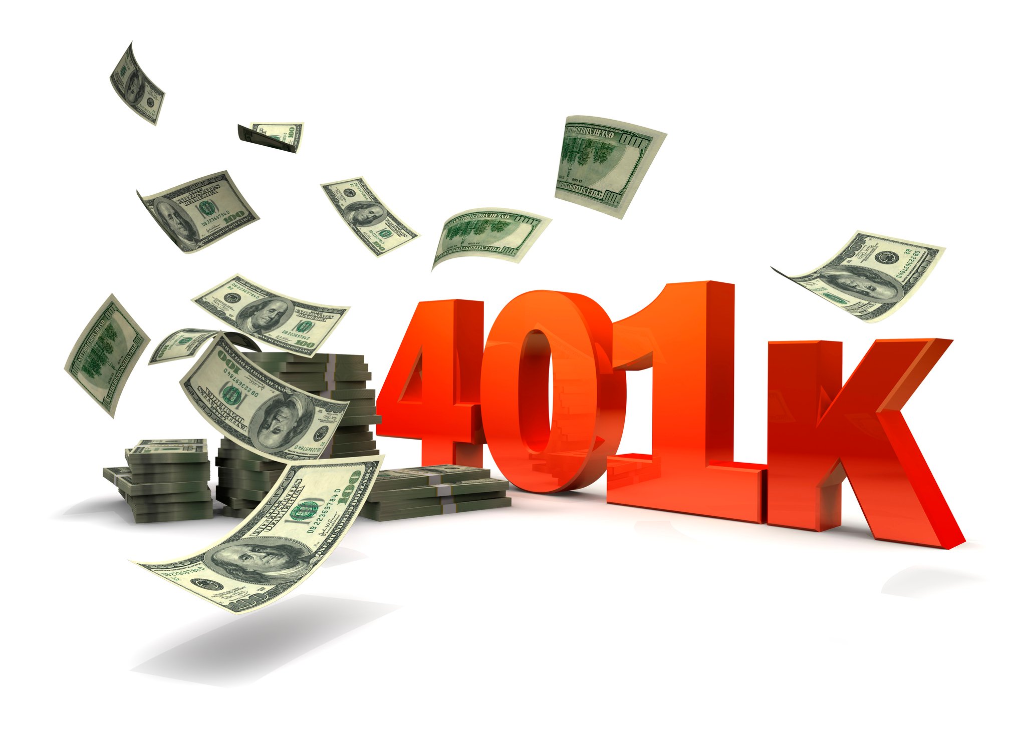 The word 401k in big red letters with hundred dollar bills falling down on it. 