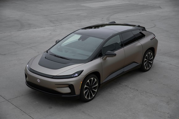A Faraday Future FF 91, an electric luxury sedan with SUV-like proportions. 