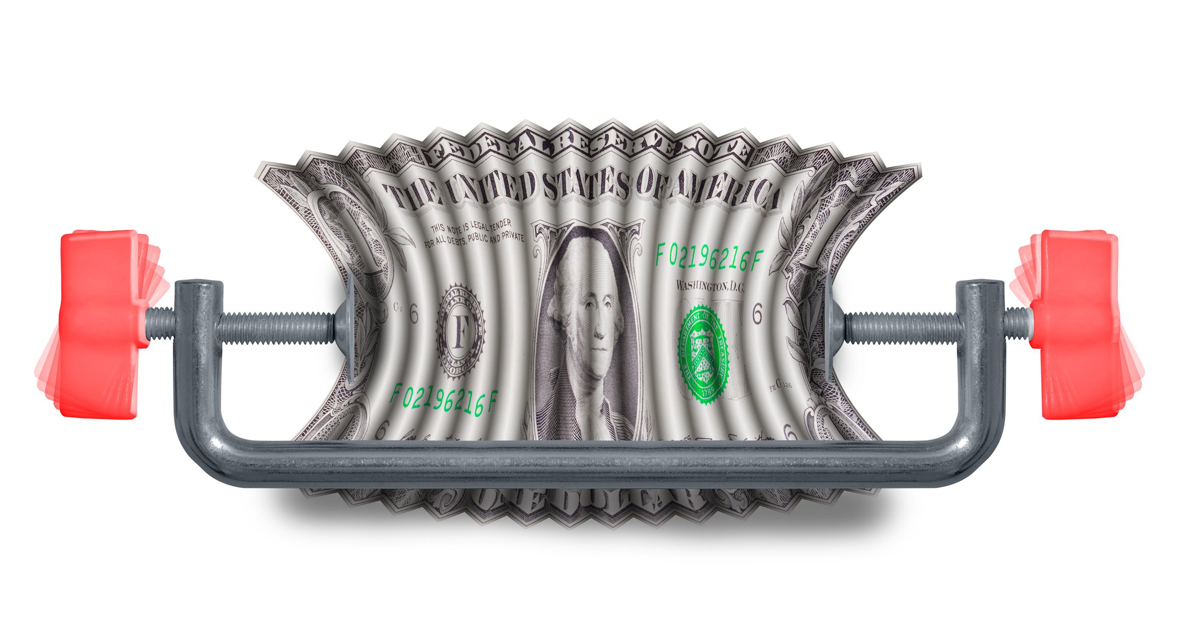 A $1 bill being squeezed in a vise.