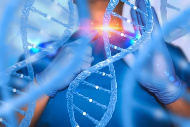 DNA helixes with doctor in background