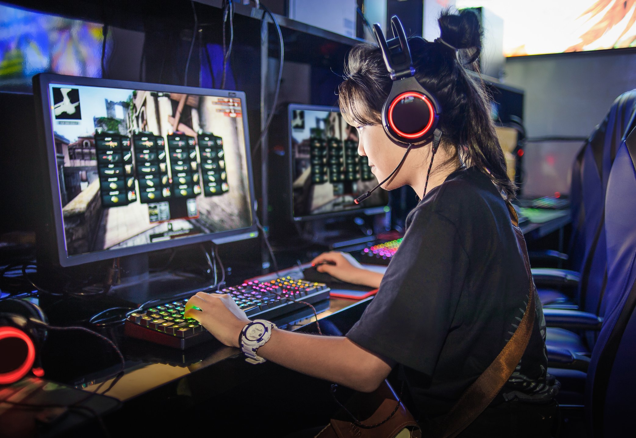 Girl playing online video game