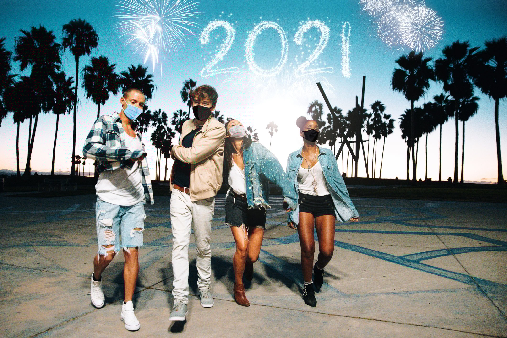 Four people celebrating in front of a background of fireworks, palm trees, and the number 2021.