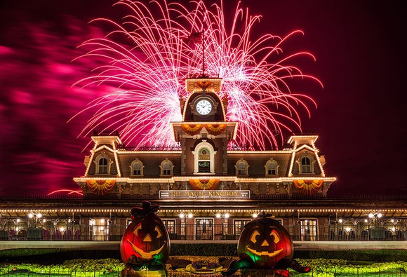 Fireworks at Disney during a Halloween event.