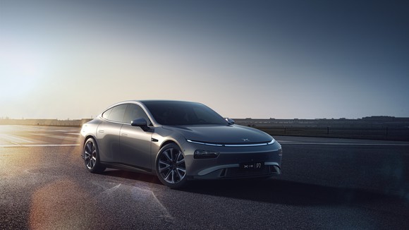 Xpeng's P7 electric vehicle in an open space.