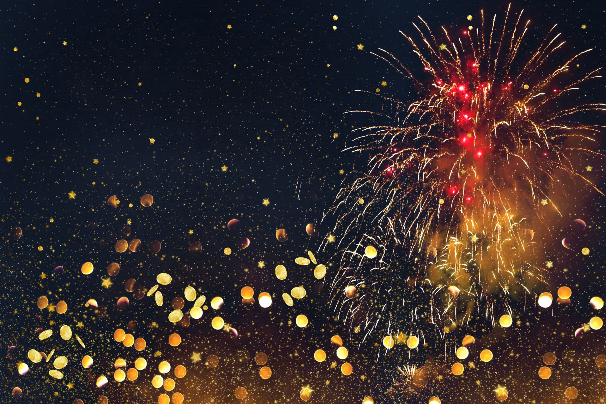 Fireworks and gold coins.