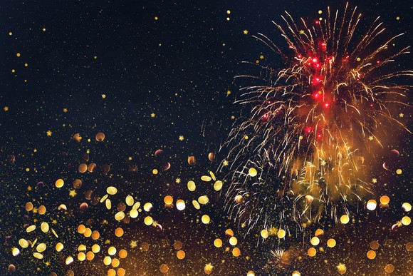 Fireworks and gold coins.