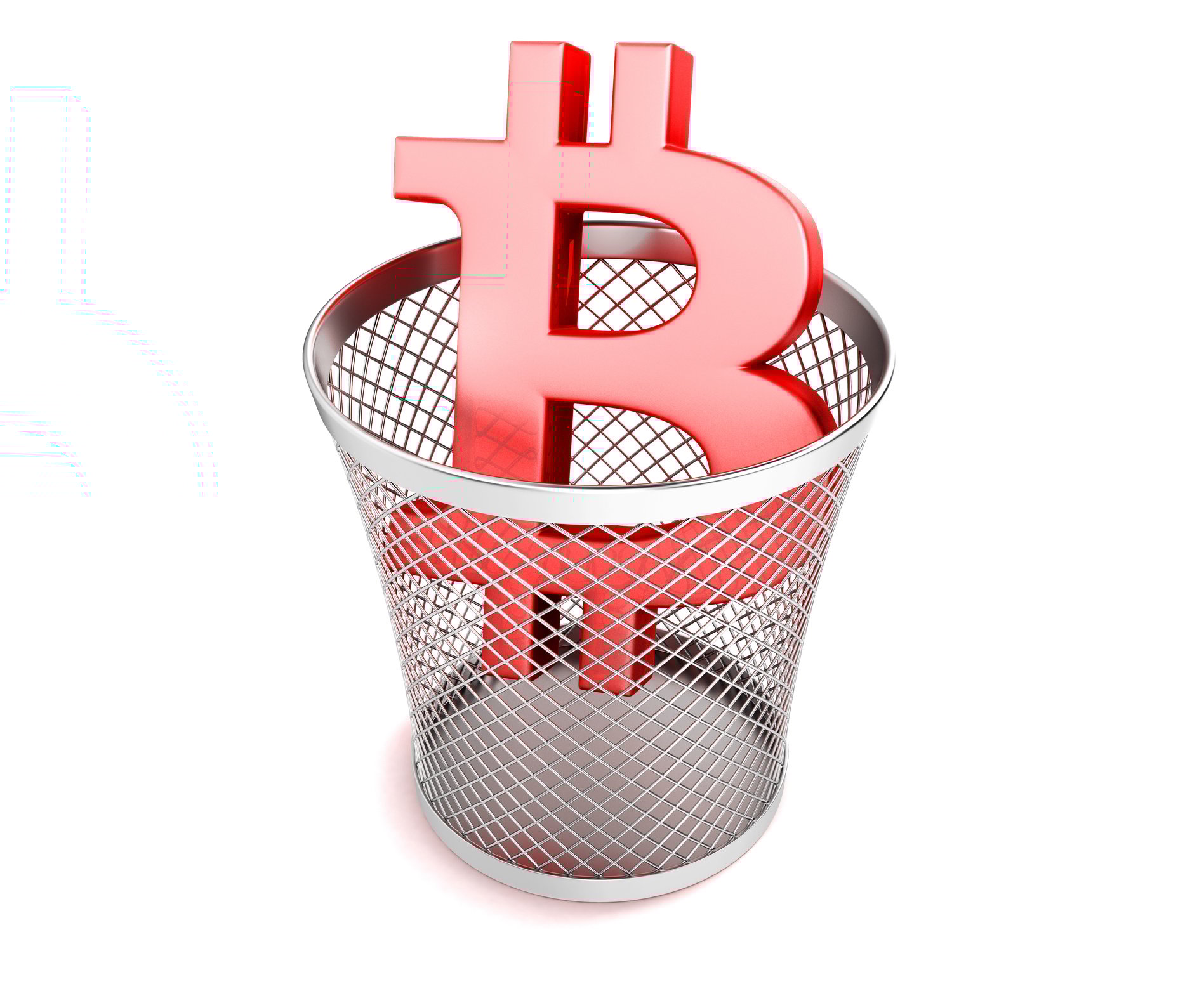 Bitcoin symbol in a trash can.