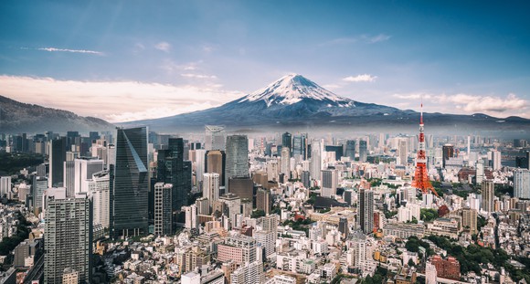 A view of Mt. Fuji from downtown Tokyo.