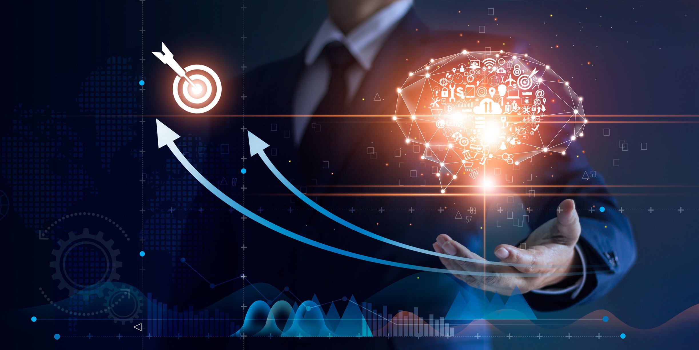 Investor holding a digital cortex, from which two upward trending arrows lead to a bullseye.