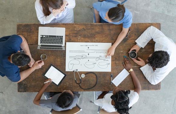 Aerial view of people pointing at a diagram of DNA and talking around a table.
