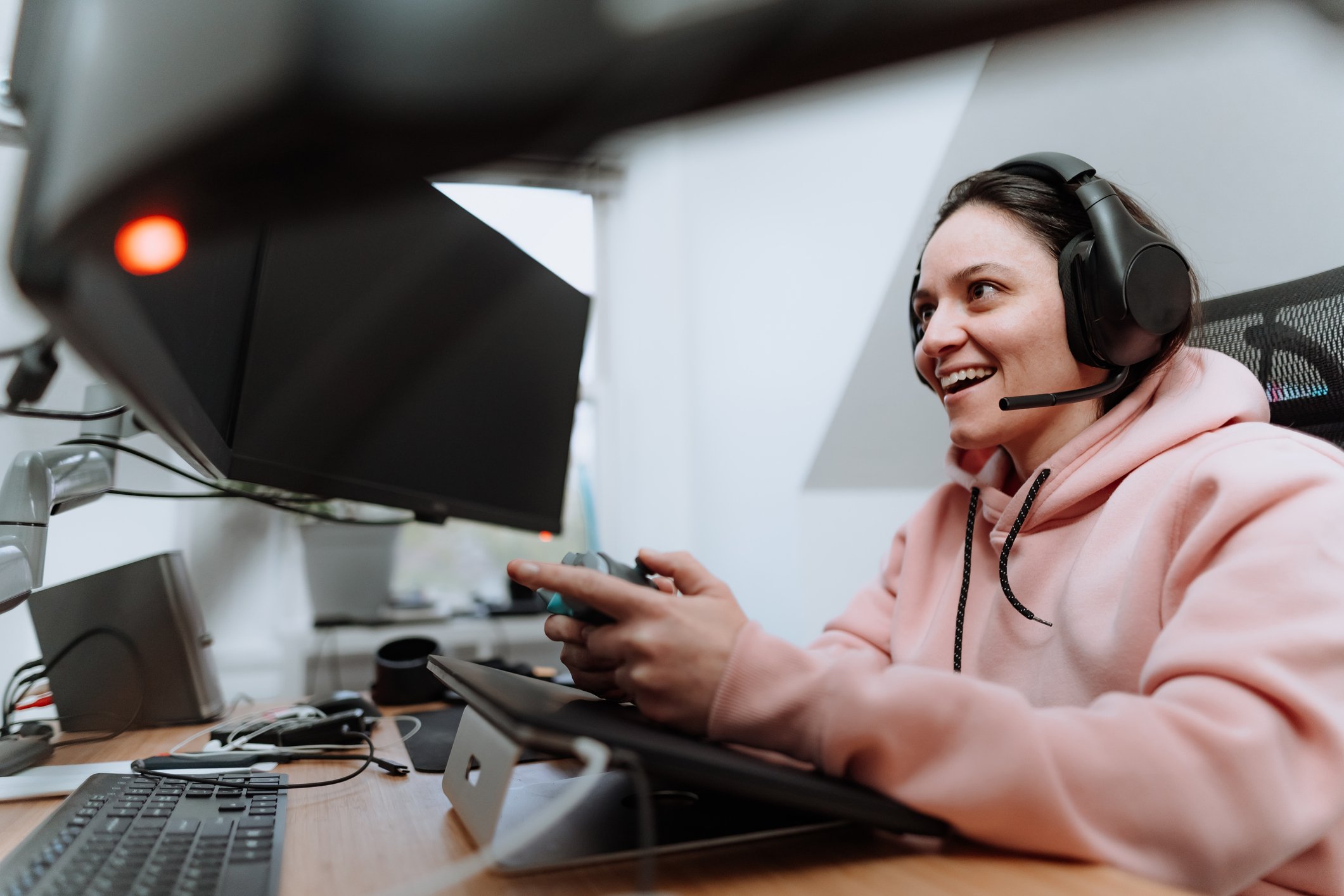 Excited gamer playing on a new PC