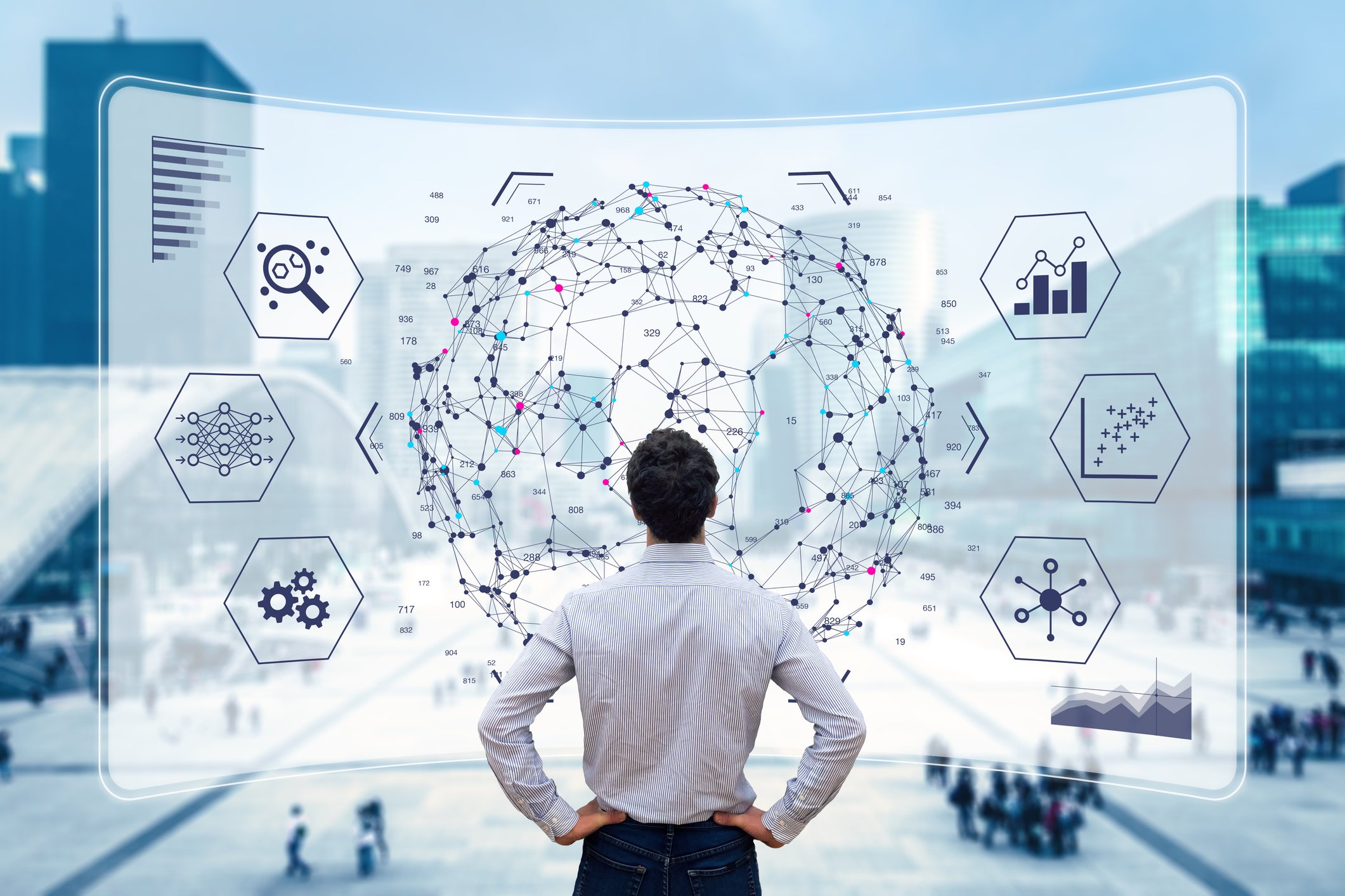 Data scientist studying an interconnected web of data points.