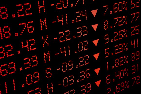 Stock ticker in all red showing declining prices. 