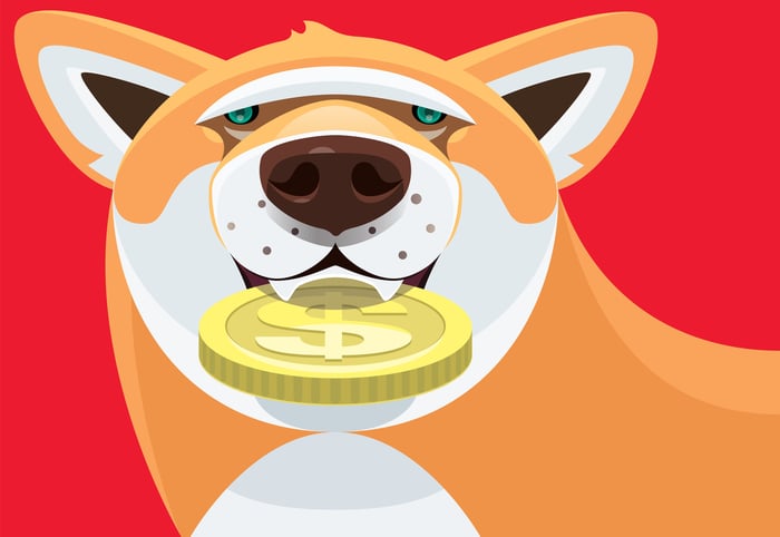 A cartoon of a dog holding a coin.