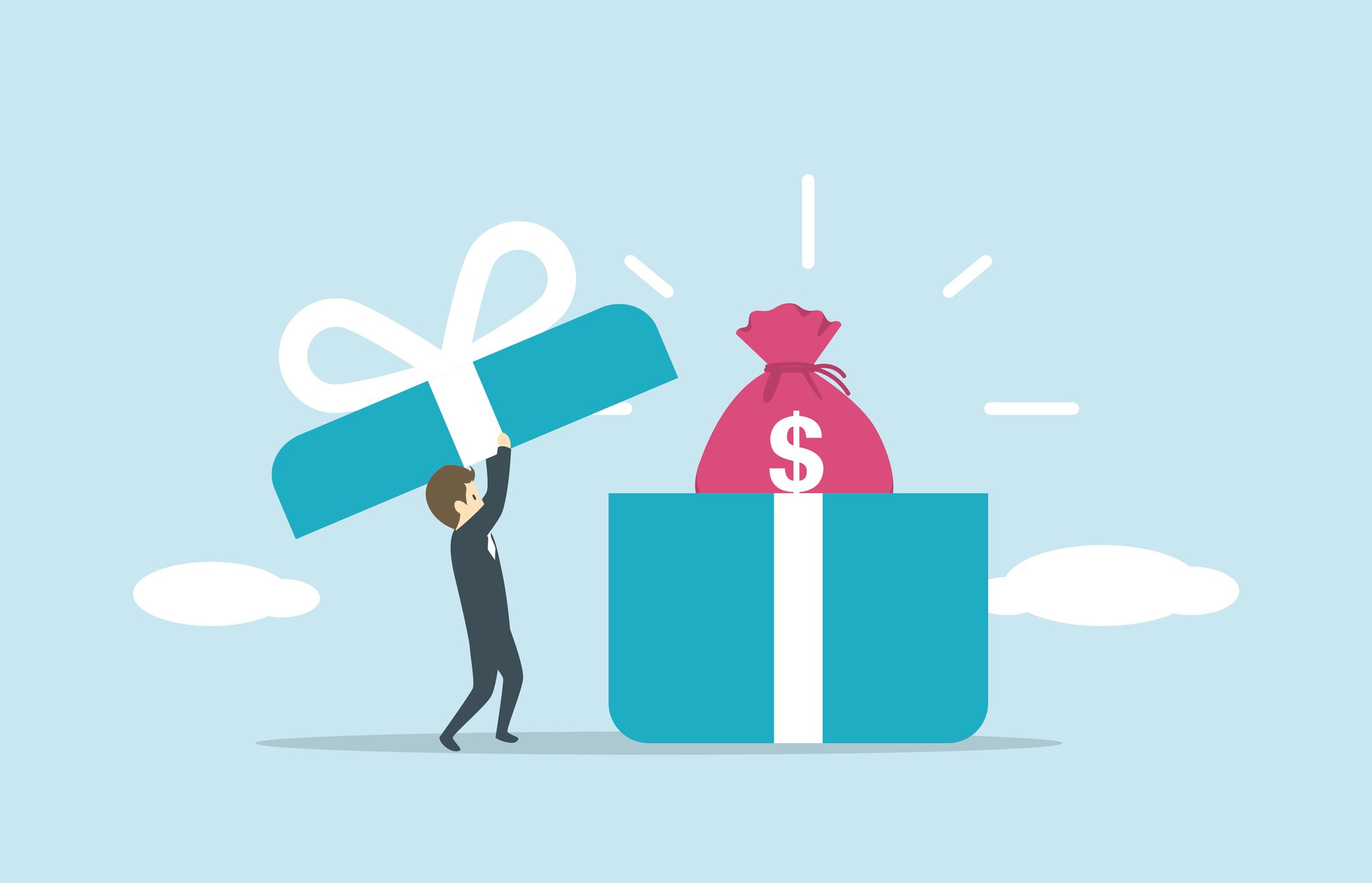 Person opening gift box to uncover money.