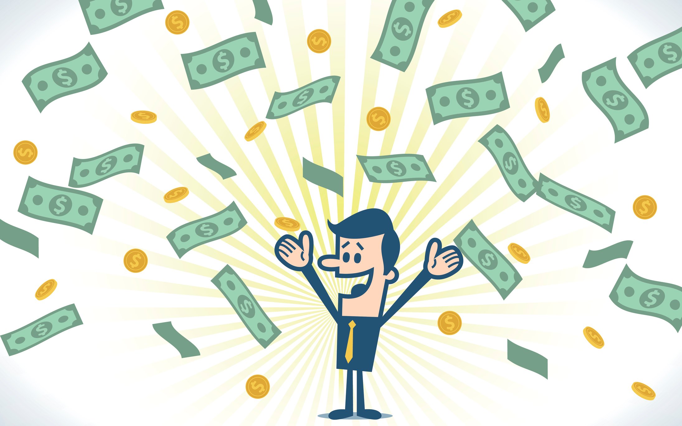 Cartoon man with coins and bills raining.