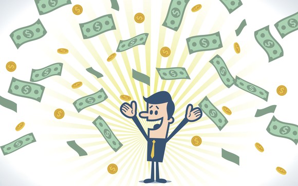 Cartoon man with coins and bills raining.