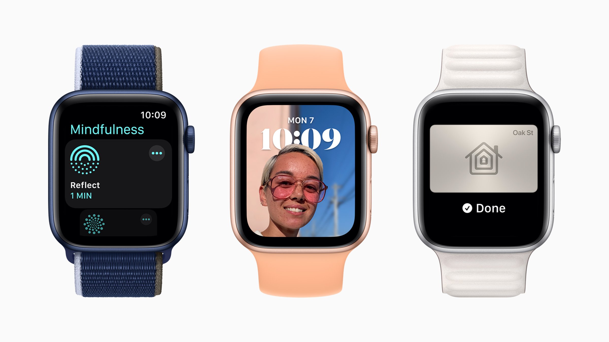three different Apple Watch 8s are lined up showing various functions.