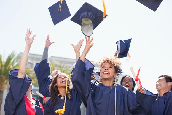 Group of graduates toss their caps in the air.