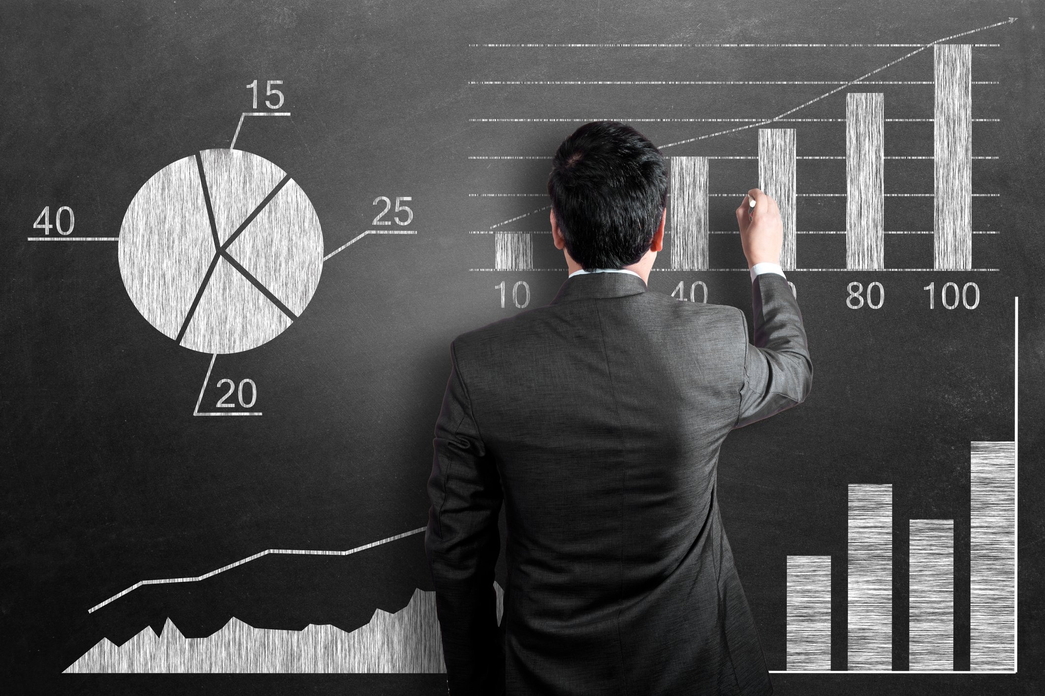 Investor analyze various pie charts and bar graphs on a blackboard.