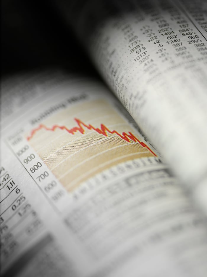 Booklet open to a page with a stock market chart showing declining prices.