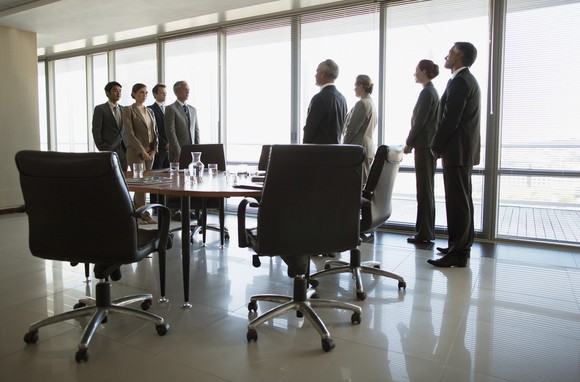 Business executives divided into two separate groups, facing each other across a conference table.