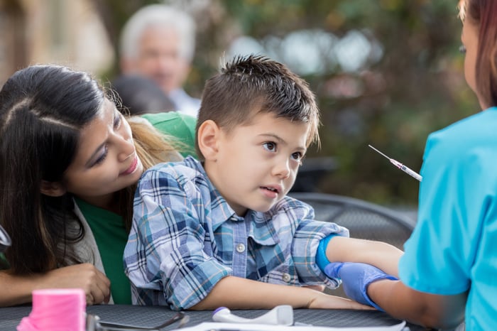 A healthcare worker prepares to draw blood from a child being supported by an adult.