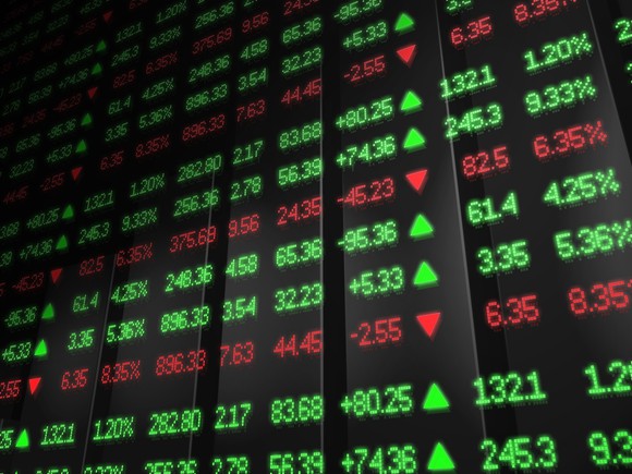stock information colored in red and green is lit up on a board
