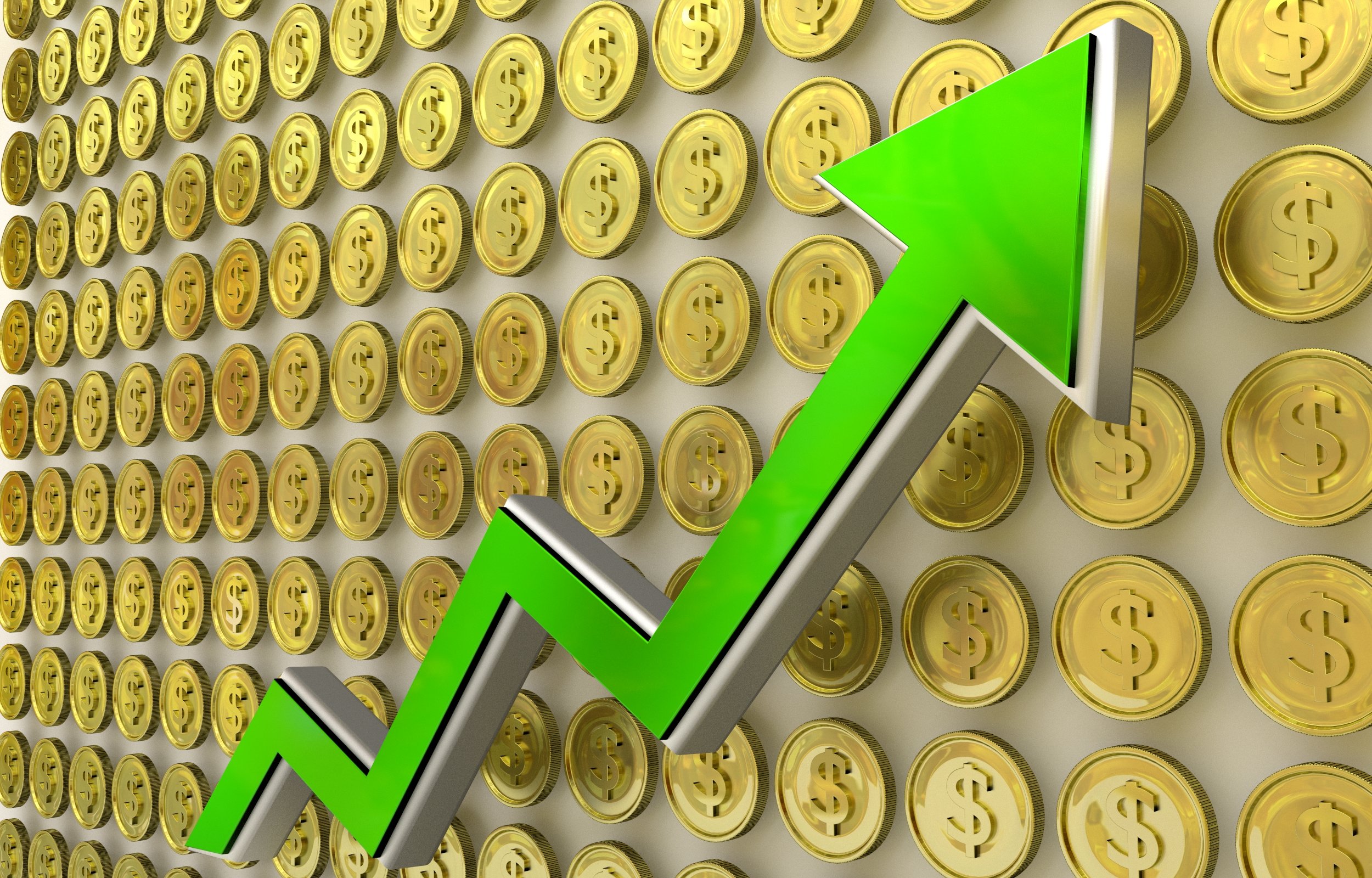 A green uptrend arrow against a background of gold coins bearing the dollar sign. 