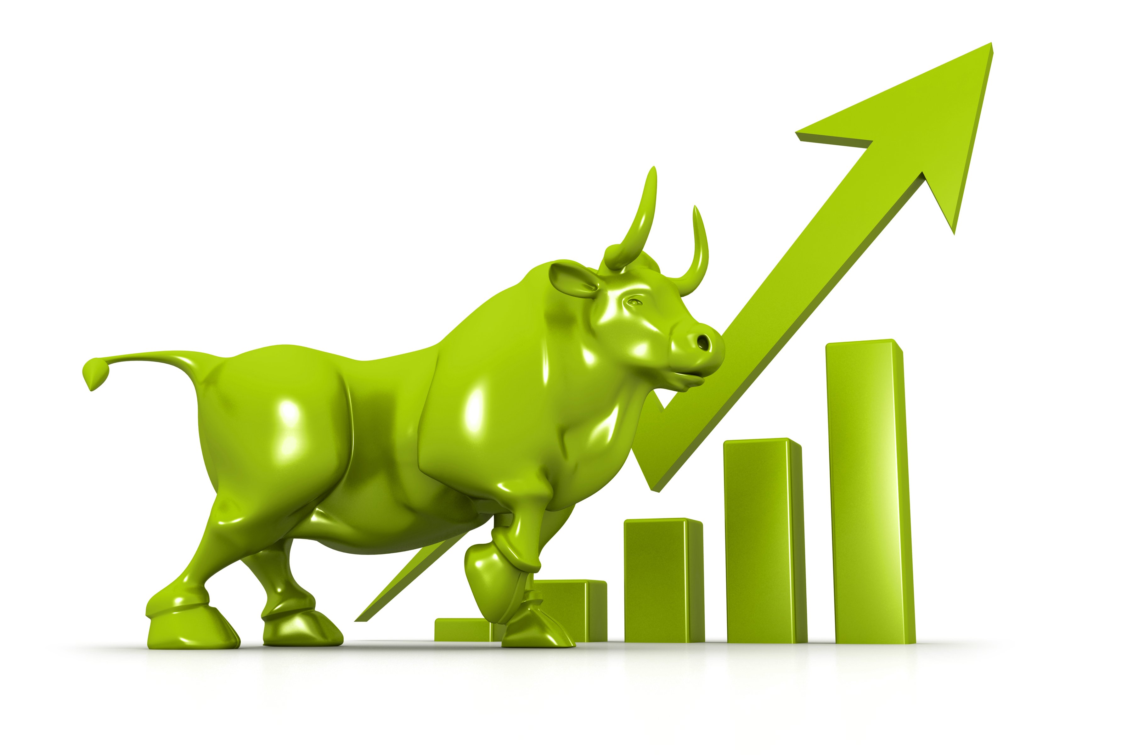 Green bull over a rising green arrow and bars