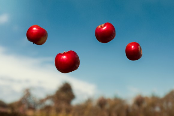 Red apples floating in midair