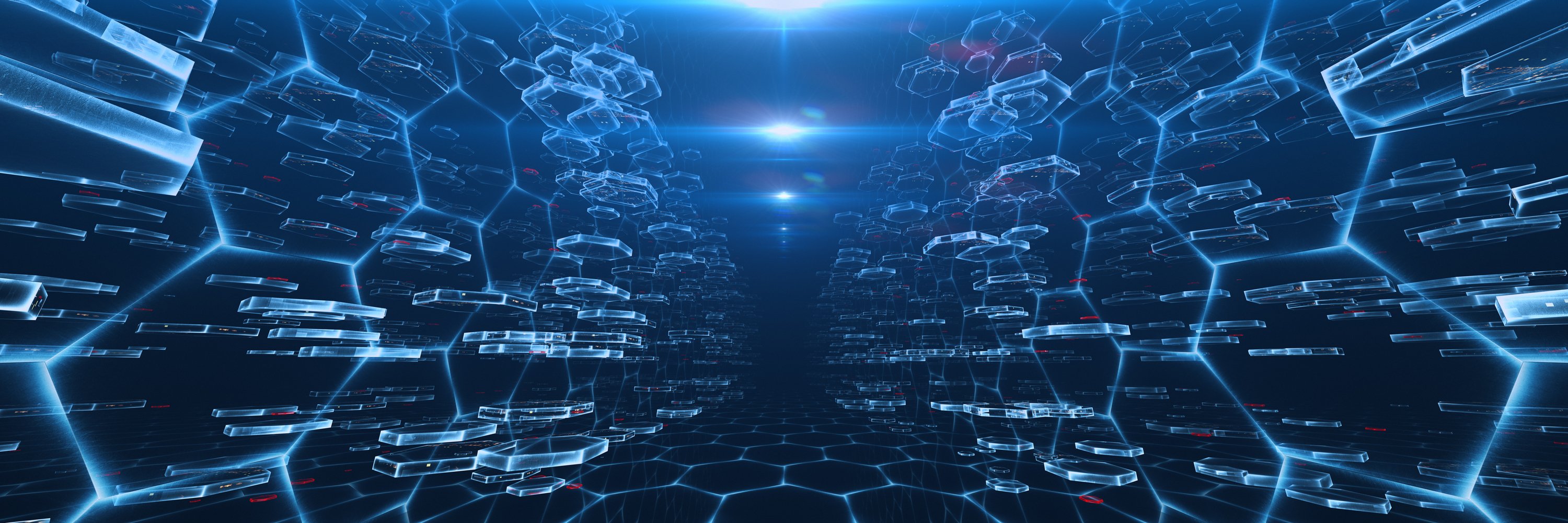 Pentagons with a futuristic look and lots of lights lining each side.