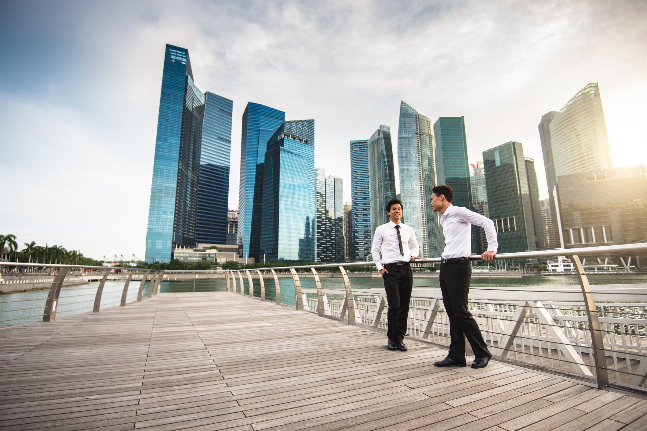 Two businessmen stand before the Singapore skyline. 