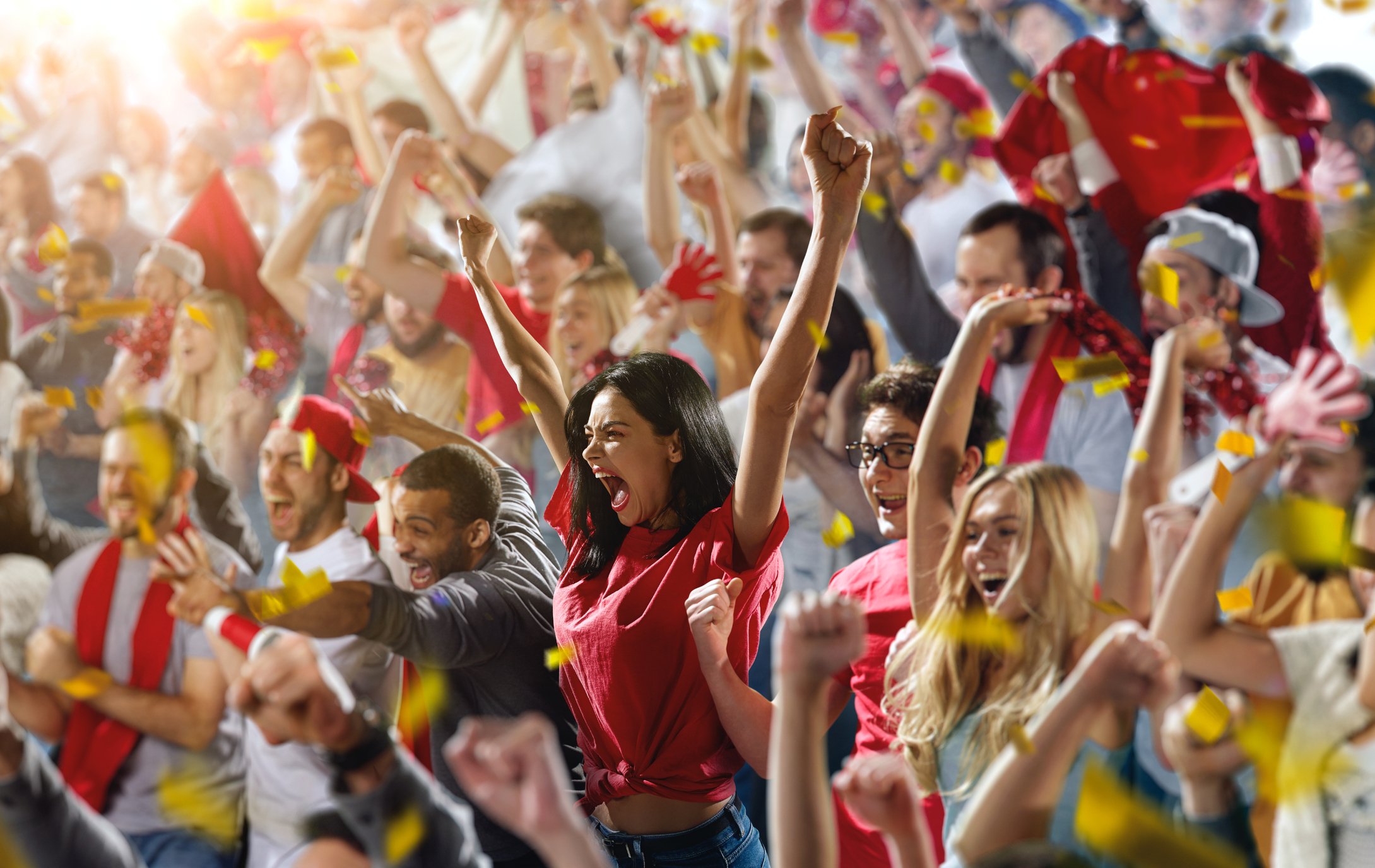 Cheering fans in a crowded stadium. 