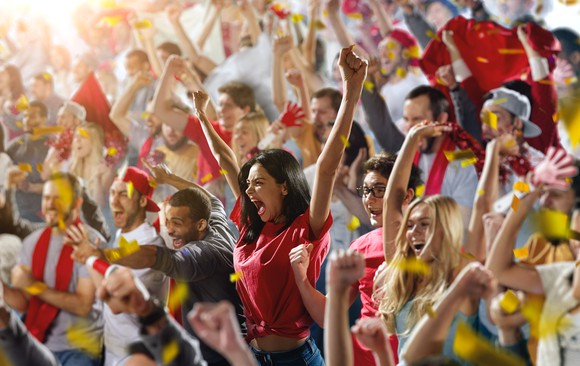 Cheering fans in a crowded stadium. 