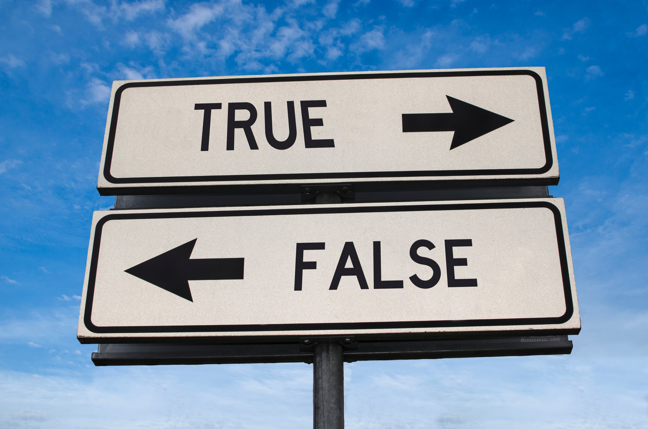 Road signs pointing in opposite directions to "true" and "false."