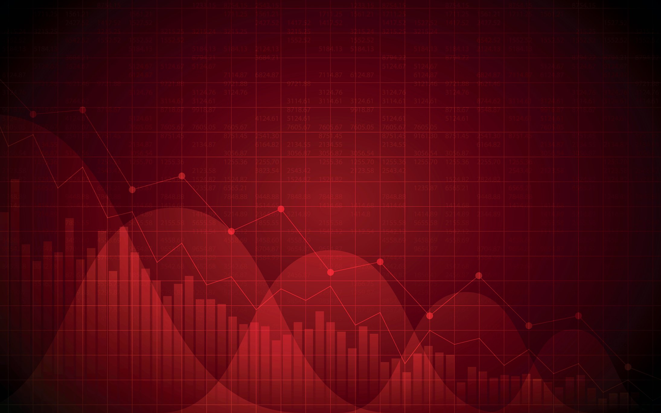 Line and bar graphs on a dark red background.