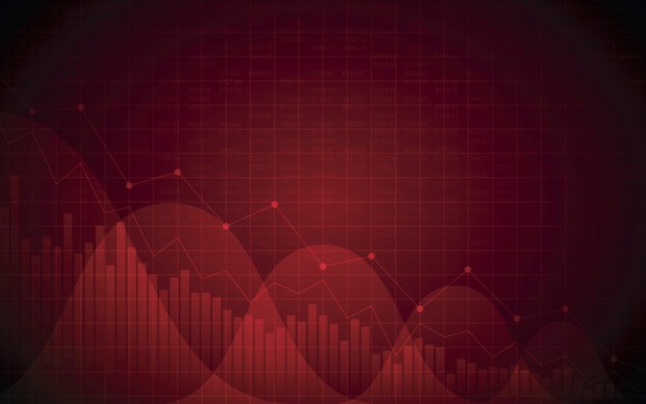 Line and bar graphs on a dark red background.
