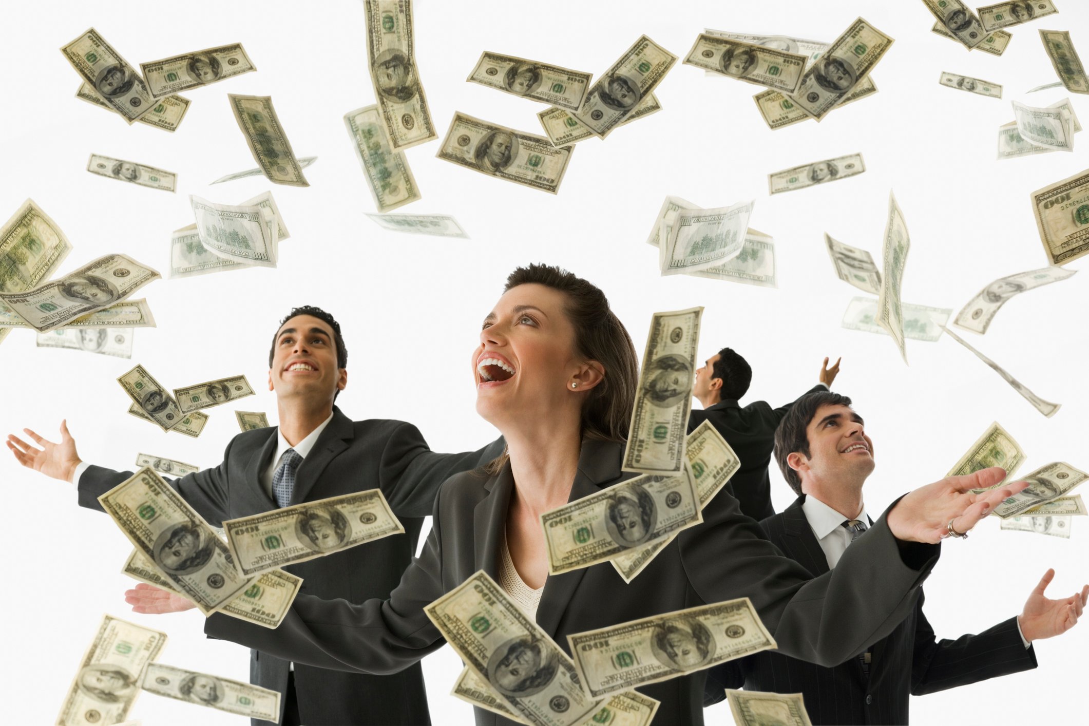 A group of people happy that cash is falling from the sky. 